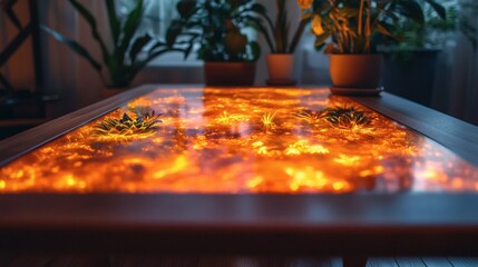 Illuminated resin table with glowing orange abstract pattern and floral accents, creating a warm ambiance, on a transparent background, PNG image, PNG file.