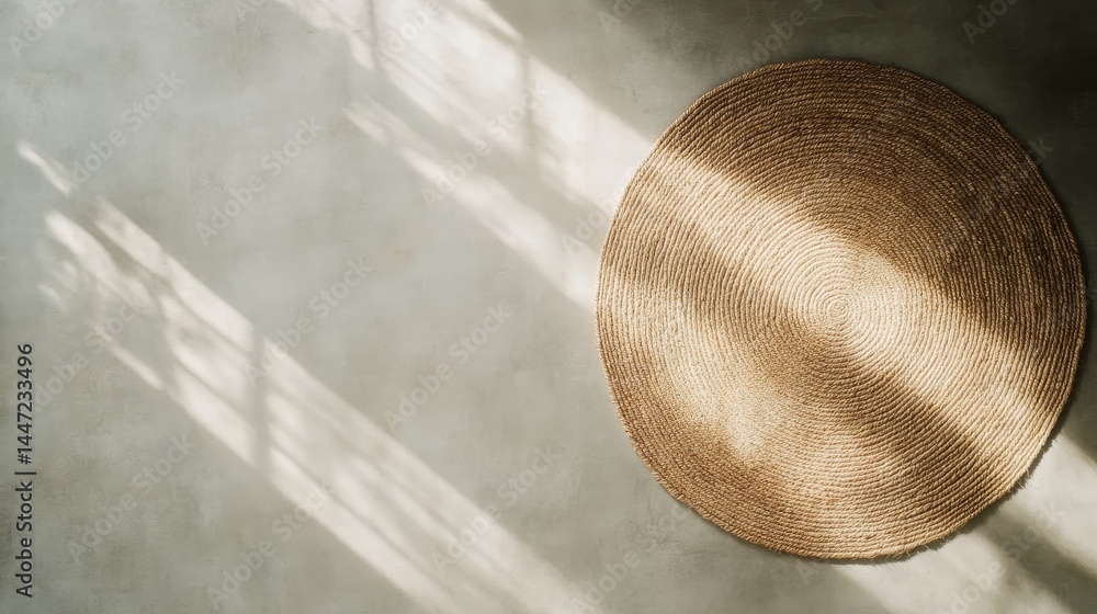 Poster round jute rug with intricate woven patterns sits on a light beige surface, complemented by soft sha