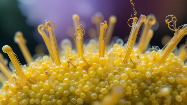 Microscopic view of pollen grains densely covering a plant's anther, showcasing vibrant yellow hues and intricate details.
