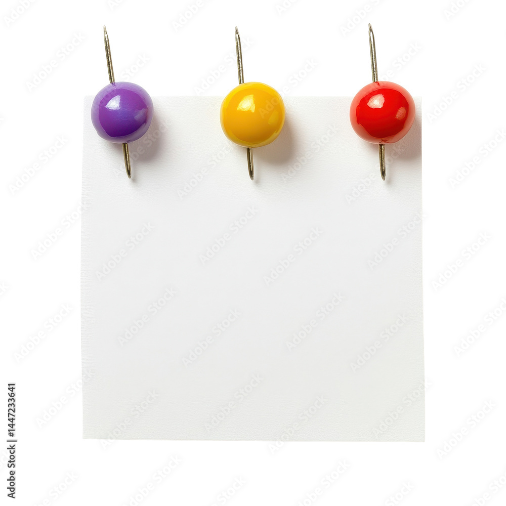 Poster blank note pinned to transparent background with colorful push pins, ideal for reminders or messages