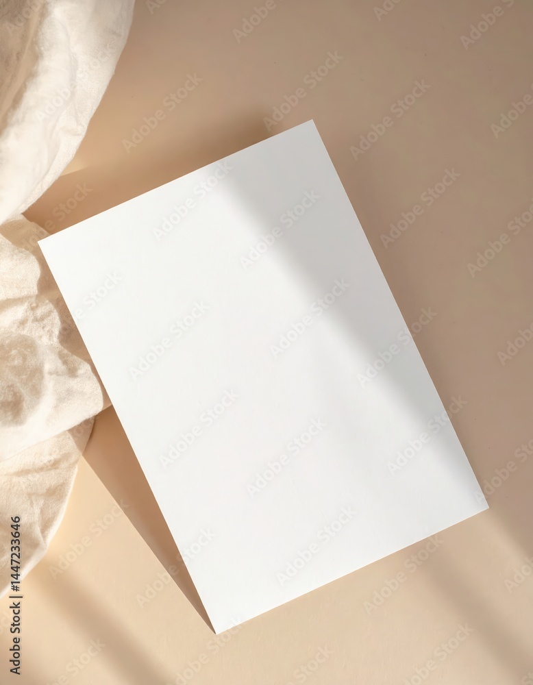 Poster a pristine sheet of blank white paper lies flat on a soft beige background, creating a subtle contra