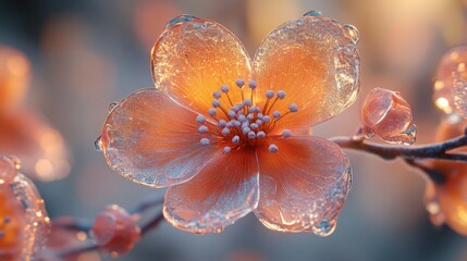 A captivating glass flower with seven translucent petals resembling an exquisite ice sculpture resting on a deep beige background