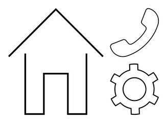 Monoline house, gear, and phone outlines symbolizing home services, repairs, communication. Ideal for technology, customer service, maintenance, support connectivity housing solutions simple