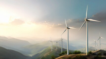 Hilltop View of Wind Turbines Turning Under Sunny Skies
