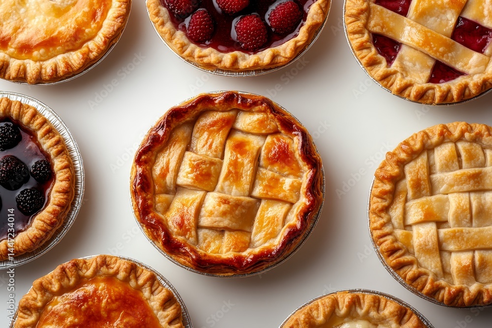 Poster a variety of fruit pies feature decorative crust designs and vibrant fillings, neatly arranged on a 