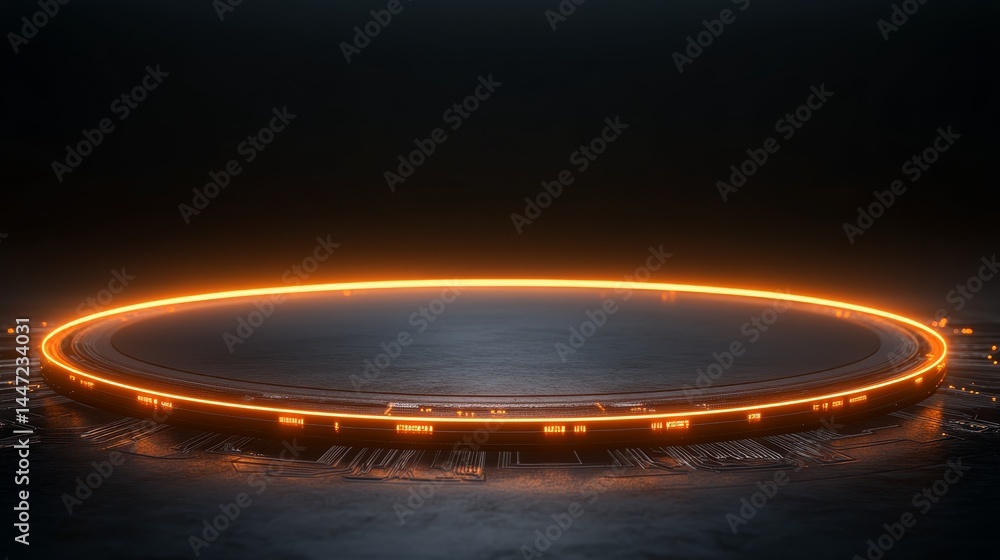 Poster Abstract circular design featuring complex circuit board lines extending outward, softly illuminated against a dark background, with empty space on the right for text