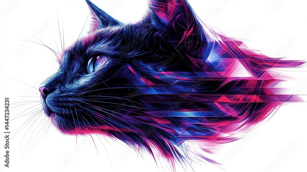 Poster abstract feline artwork with a digital glitch effect showcasing vibrant hues and dynamic fragmentati