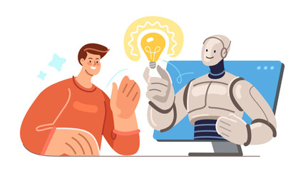 Person works together with artificial intelligence. Virtual assistant helps to come up with innovative ideas. Teamwork