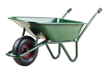 View of a green wheelbarrow with a single tire outdoors tool isolated on transparent background.