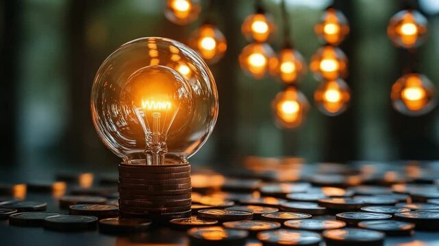 Illuminating Ideas: A glowing light bulb sits atop a stack of coins, surrounded by a cluster of radiant, soft-focus lights, symbolizing innovation, creativity, and the generation of brilliant ideas.