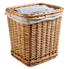 Obraz premium Wicker basket with fabric liner and checkered textile inside isolated on transparent background.