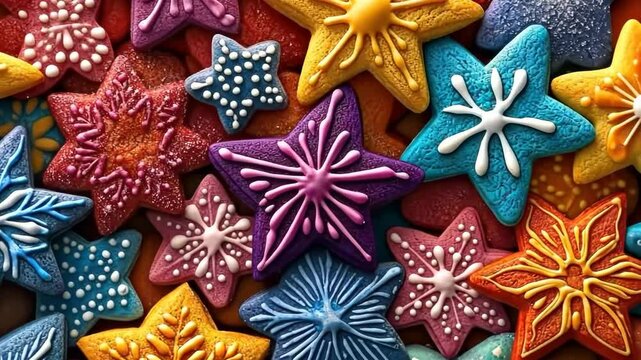Colorful baked starfish cookies in succession  sweet treats and dessert art