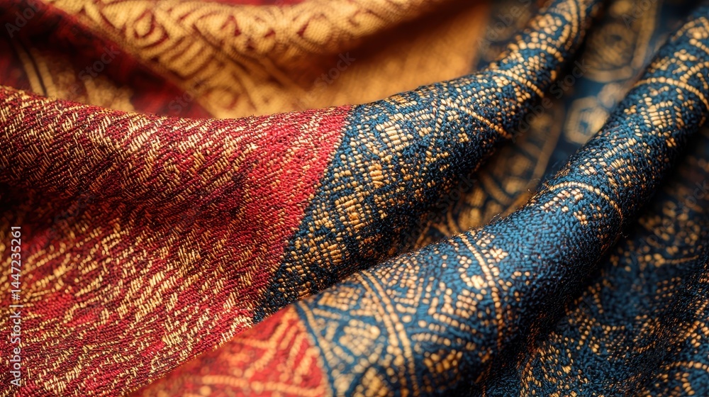 Poster close-up view of intricate patterns on colorful textile fabric in rich tones and detailed weaving de