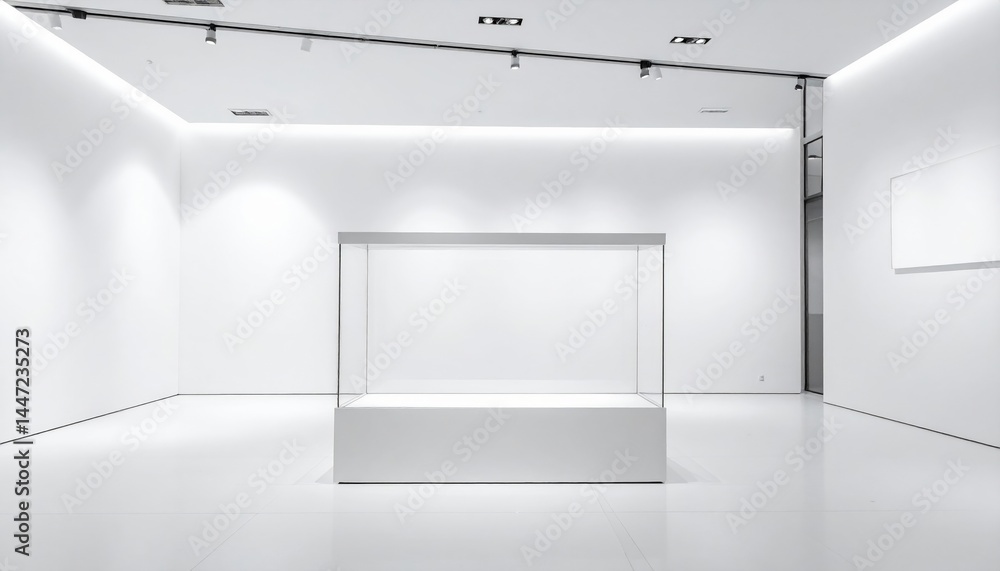 Poster a bright, airy white room featuring two empty tables and one adorned with a vibrant centerpiece, cre