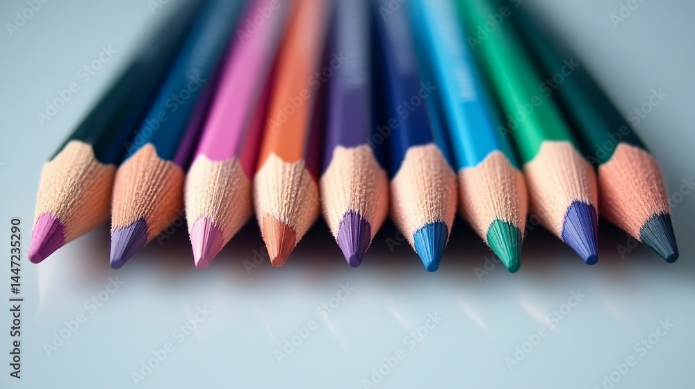Poster colored pencils are fanned out on a bright white background, creating a visually appealing arrangeme