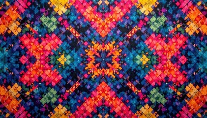 Abstract geometric tapestry, vibrant color scheme, repeating texture , square, art
