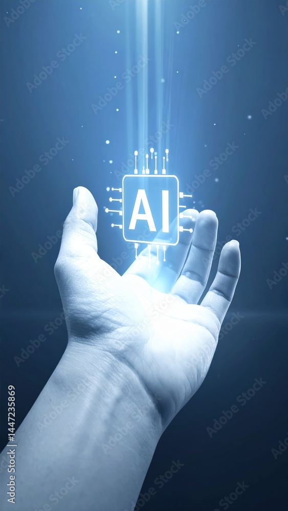 Poster a close-up of a hand gripping a sleek electronic device displaying the word 