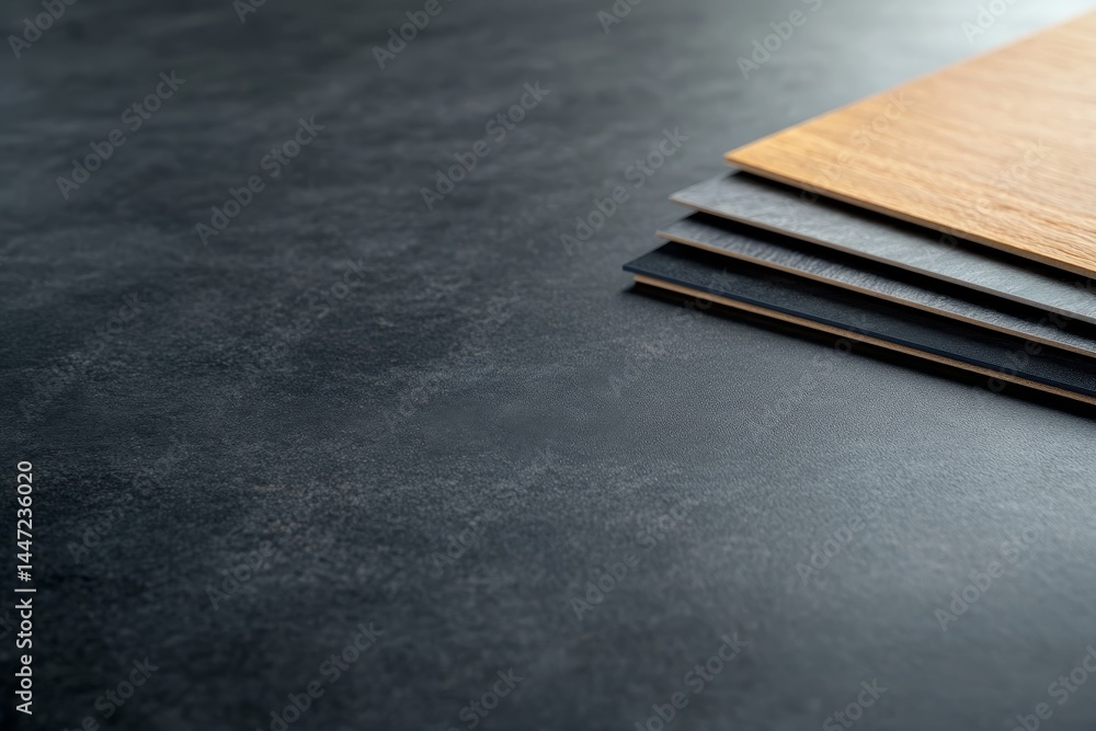 Aufkleber luxury vinyl floor samples are elegantly fanned out on a smooth black table, displaying stunning woo