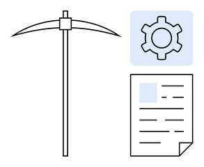 Pickaxe symbolizing labor, gear for settings and productivity, and document for data. Ideal for technology, workflow, strategy, data management, mining, productivity and simple landing page