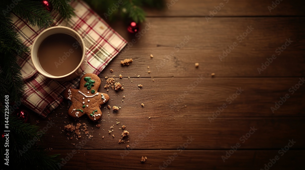 Aufkleber a broken gingerbread cookie with frosting details sits on a plaid napkin, accompanied by scattered c
