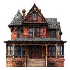 Vintage D rendering of a red brick Victorian house with wooden porch and detailed architecture, Vintage D Rendering a Red Brick Victorian House with Wooden Shingles and Windows Transparent background