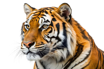 Close up of a tiger with orange and stripes looking forward isolated on transparent background.