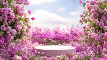 Fototapeta premium A pink podium surrounded by pink roses and white daisies, with a blurred floral background.
