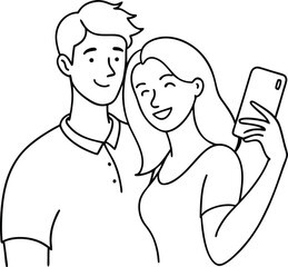 Romantic couple captured in a continuous line art selfie illustration expressing love bonding and digital lifestyle ideal for trendy art prints or personal projects