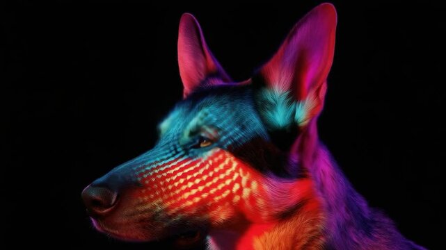 German shepherd with vibrant neon light pattern