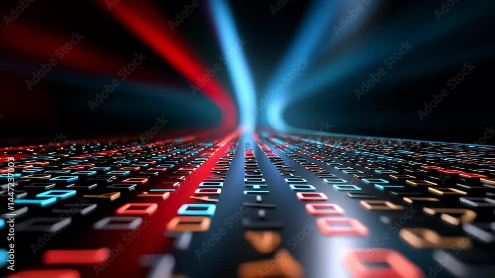 Poster futuristic digital landscape with binary code and light beams