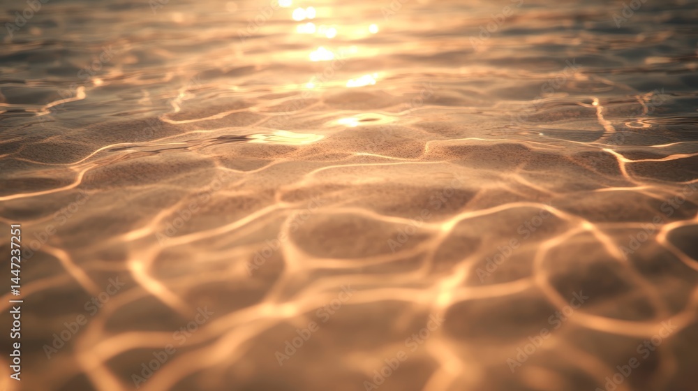 Poster clear water showcases soft ripples on the ocean floor, illuminated by sunlight filtering through, cr