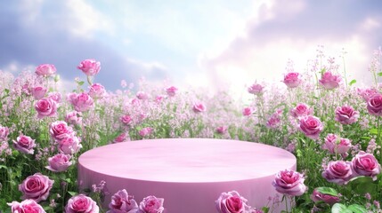 A pink podium surrounded by pink roses and white daisies, with a blurred floral background.