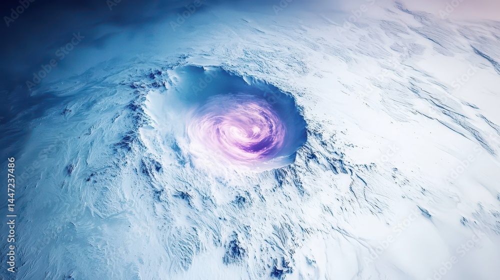 Poster swirling purple vortex over icy surface with abstract patterns and textures in a dramatic atmospheri