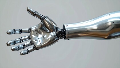 A sleek, metallic robotic hand extends gracefully from a futuristic arm, showcasing intricate joints and sensors, poised as if ready to interact.