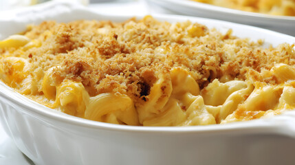 Creamy Baked Macaroni and Cheese in Elegant White Dish Topped with Golden Breadcrumbs