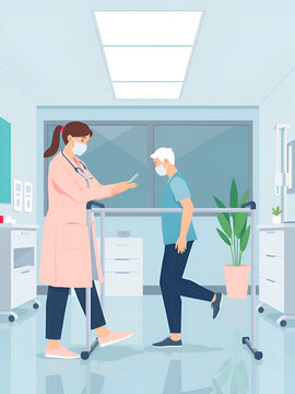 Medical insurance - rehabilitation and physiotherapy -modern flat vector concept digital illustration -physiotherapist helps patient walking using training parallel bars, medical office, laboratory