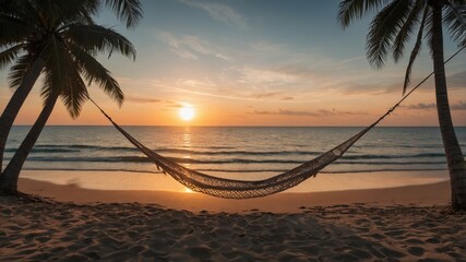 Hammock between palm trees on a tropical beach at sunset, sea view