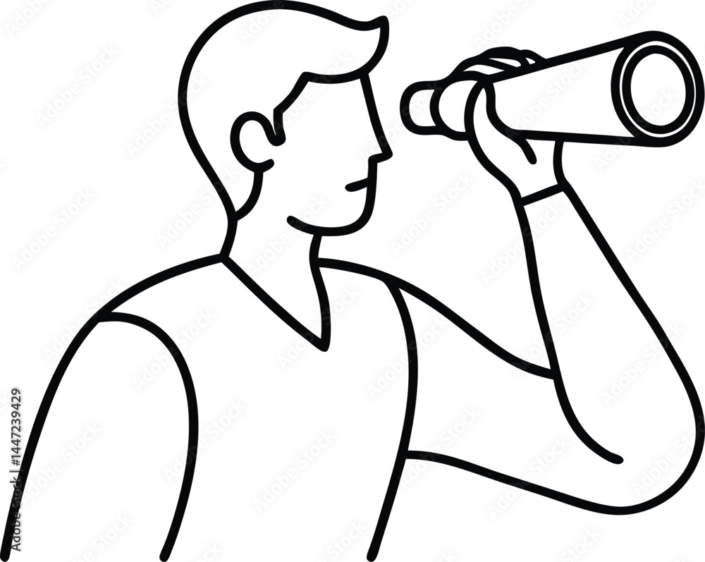 Poster exploring man with binoculars drawn in minimal continuous line art style symbolizing observation sea