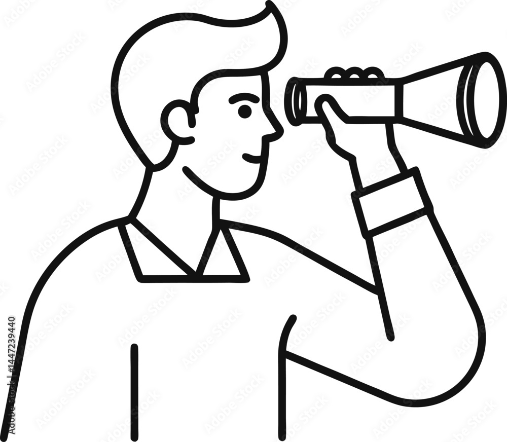 Poster man looking through binoculars in continuous line drawing style representing exploration curiosity a