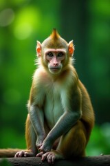 Fototapeta premium A young primate calmly sits, exhibiting a serene posture in a verdant natural habitat