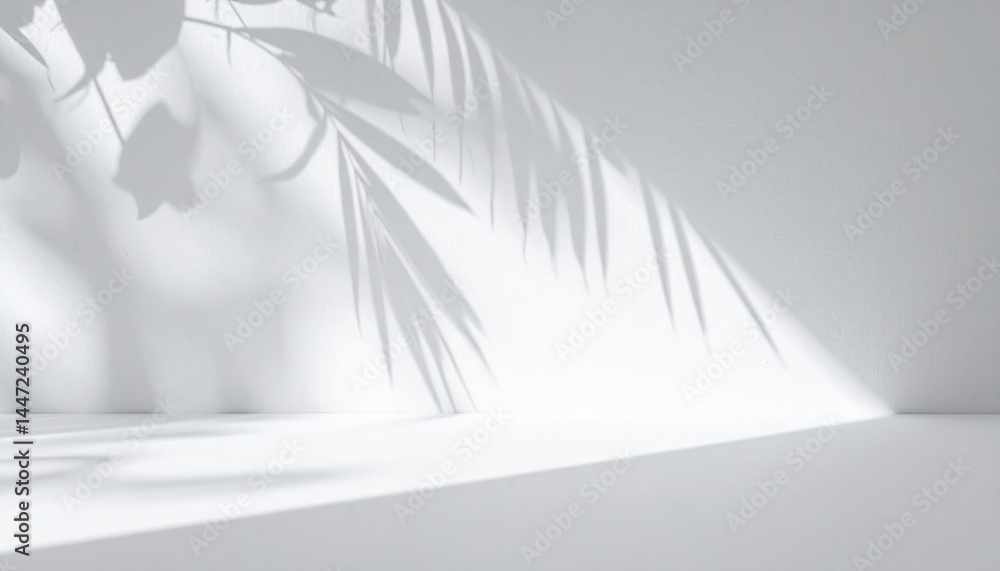 Poster a delicate shadow of palm leaves dances across a textured wall, creating intricate patterns that evo