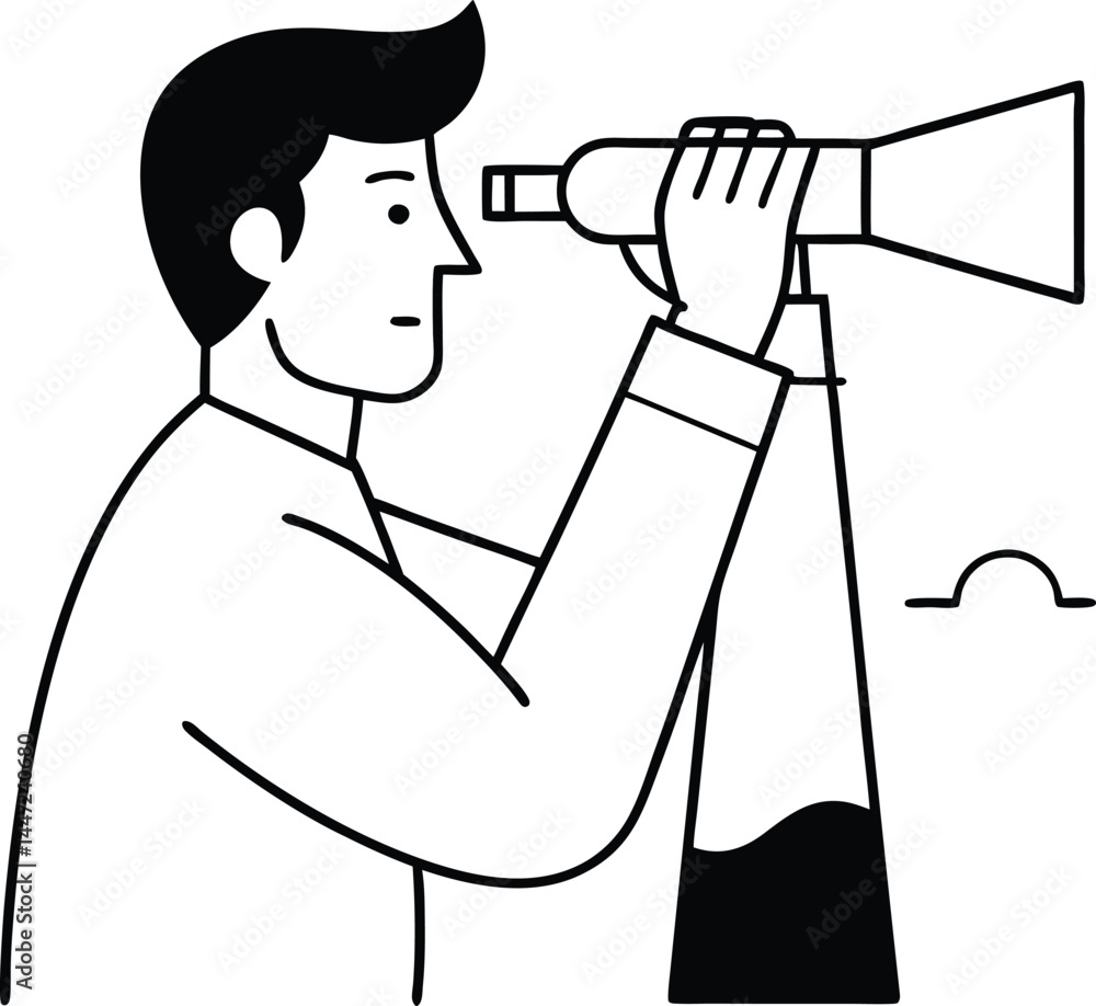 Poster curious man using binoculars illustrated in sleek continuous line art capturing the essence of explo