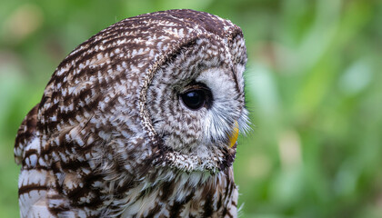 Fototapeta premium a wise brown owl with large, piercing amber eyes, perched silently on a bare