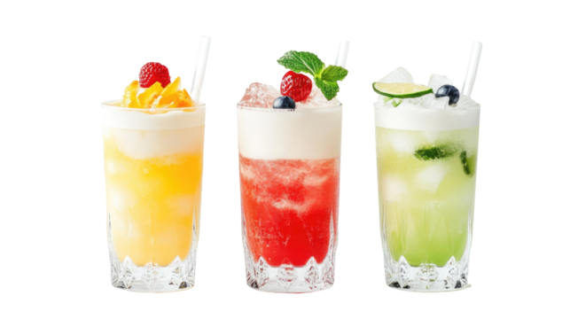 Gin Fizz, Ramos Gin Fizz, Gin Rickey, and Gin & Tonic Cocktails with Citrus Garnish – PNG Set

