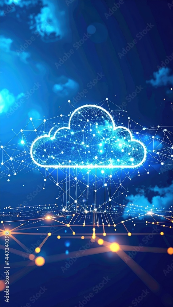Poster a futuristic digital landscape showcasing cloud computing technology, with interconnected servers an