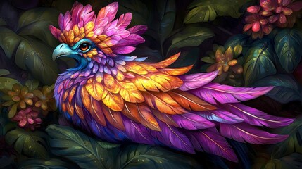 Obraz premium Vibrant ethereal bird illustration resting among tropical foliage a stunning fantastical creature with brilliant colorful plumage and feathered details in fantasy art