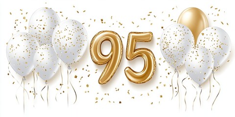 Golden Number 95 Foil Balloons With Helium White Confetti Balloons. 95th Birthday Party