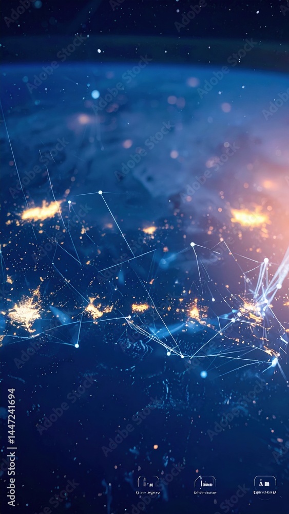 Poster a vibrant blue planet surrounded by a network of interconnected lines and glowing dots, symbolizing 
