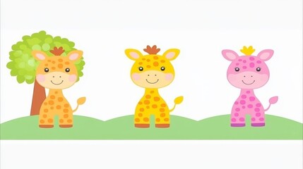Naklejka premium WhimsicalGiraffeTrioAnimatedCharactersCheerfulIllustrationChildrensDecorFriendlyZooAnimalThemedNurseryArtKawaiiGiraffesPlayfulDecorIdealForBabyShowersAndBirthdayParties