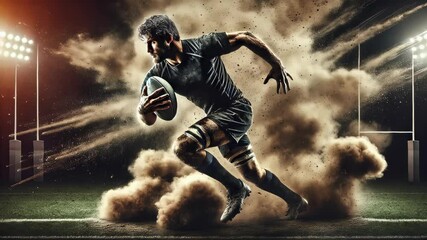 Powerful Rugby Player in Action Amid Dust and Dynamic Lighting - Powered by Adobe